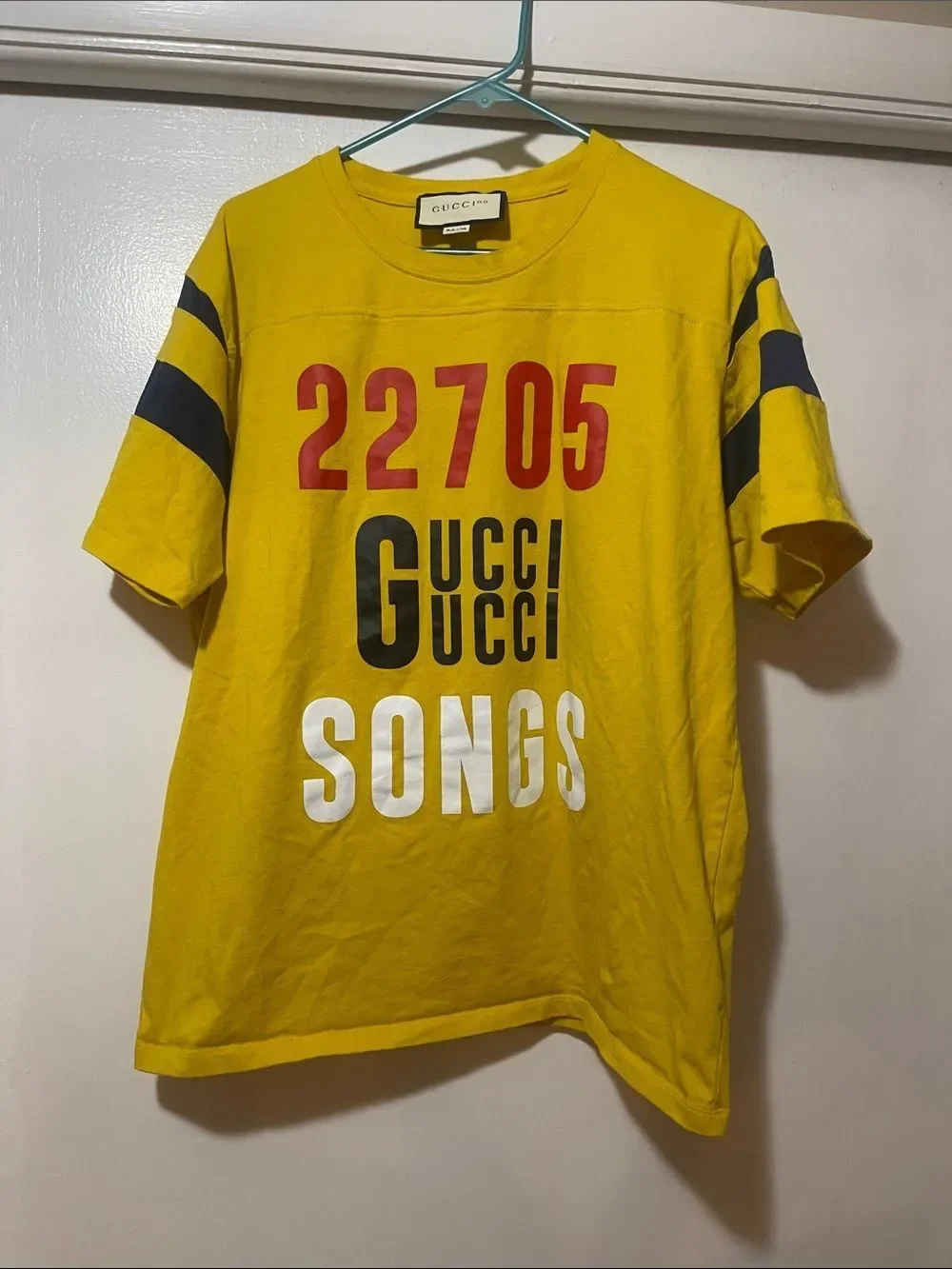 Gucci Yellow Graphic '22705 Songs' Tee with Blue Stripes large
